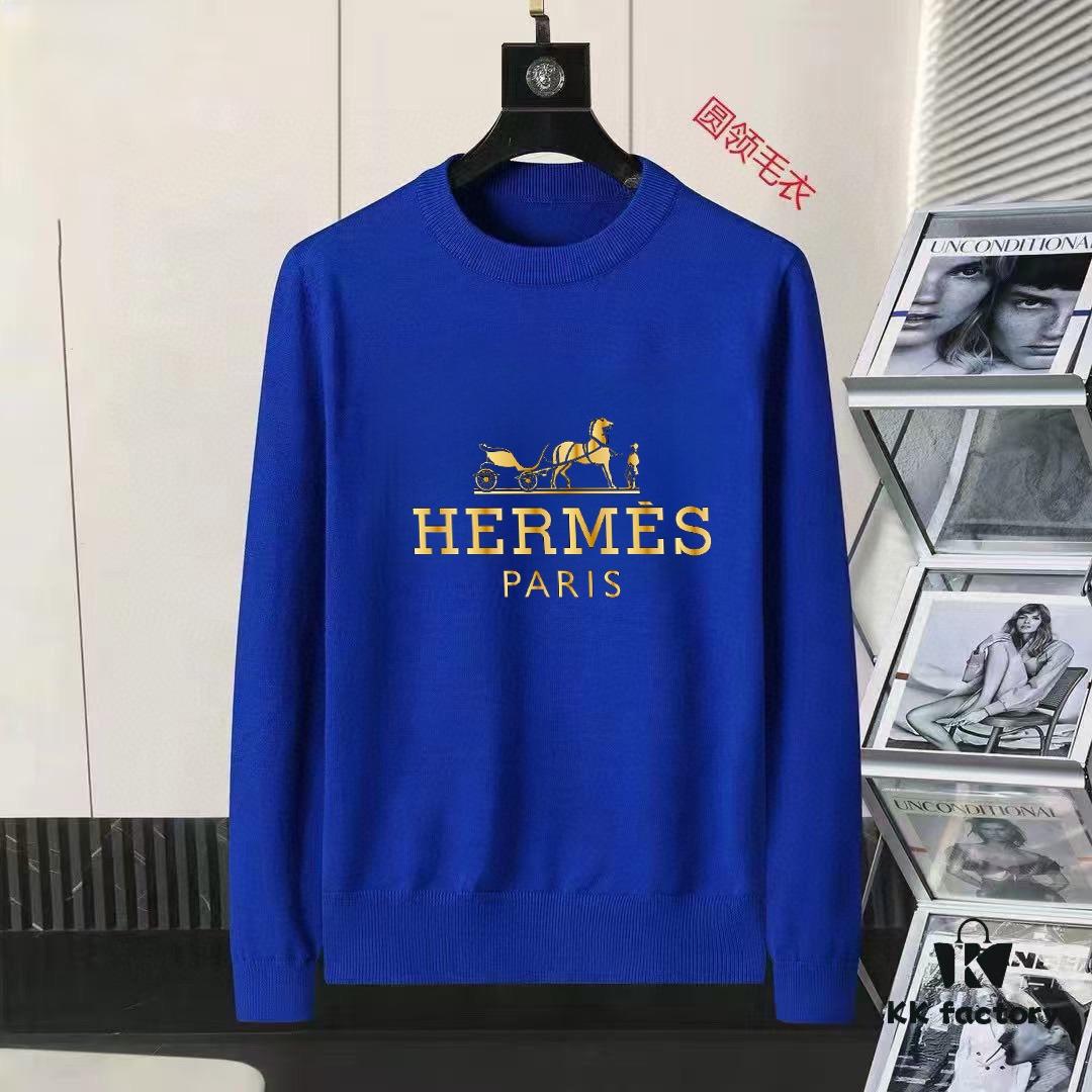 Hermes Men's Autumn-Winter Classic Round-Neck Wool Pullover Sweater, 2025 New Arrival, Slim-Fit Premium Blend Wool Knitwear with Contrasting Logo, Timeless Elegance and Versatility
