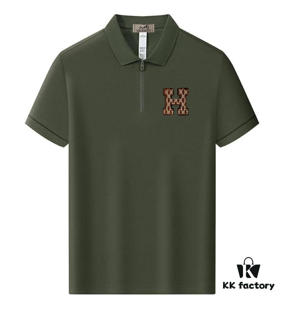 Hermès Summer New Arrival Polo Shirt with Collar, Short Sleeve, Premium Custom Fabric, Breathable and Comfortable, 71.6% Cotton, 25.3% Polyester, 3.1% Elastane