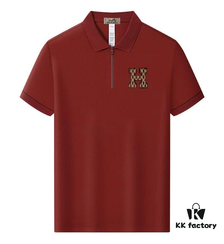 Hermès Summer New Arrival Polo Shirt with Collar, Short Sleeve, Premium Custom Fabric, Breathable and Comfortable, 71.6% Cotton, 25.3% Polyester, 3.1% Elastane