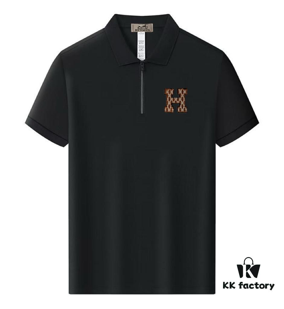 Hermès Summer New Arrival Polo Shirt with Collar, Short Sleeve, Premium Custom Fabric, Breathable and Comfortable, 71.6% Cotton, 25.3% Polyester, 3.1% Elastane