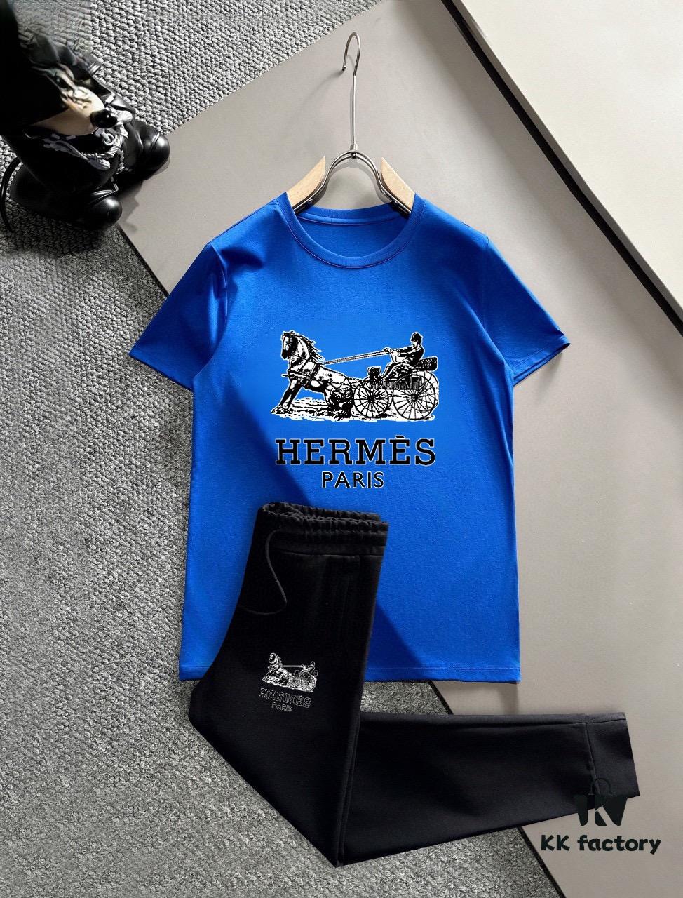 HERMES Men's Summer High-Quality Double-Mercerized Cotton Suit Set, Imported Premium Fabric, Fashion Trend Style, Simple and Elegant Design
