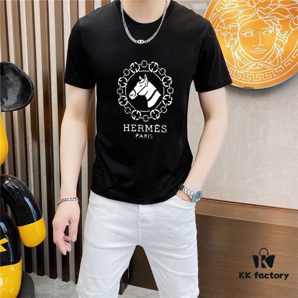 HERMES Men's Casual Short-Sleeve T-Shirt, 2025 Spring/Summer New Arrival, Premium Logo Embroidery, High-End Imported Silk-Cotton Fabric, Stylish and Versatile Design