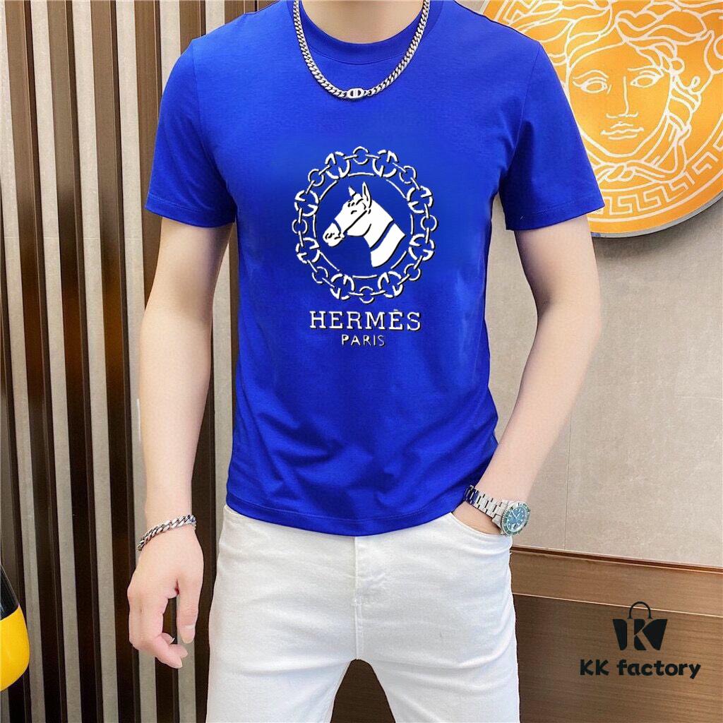 HERMES Men's Casual Short-Sleeve T-Shirt, 2025 Spring/Summer New Arrival, Premium Logo Embroidery, High-End Imported Silk-Cotton Fabric, Stylish and Versatile Design
