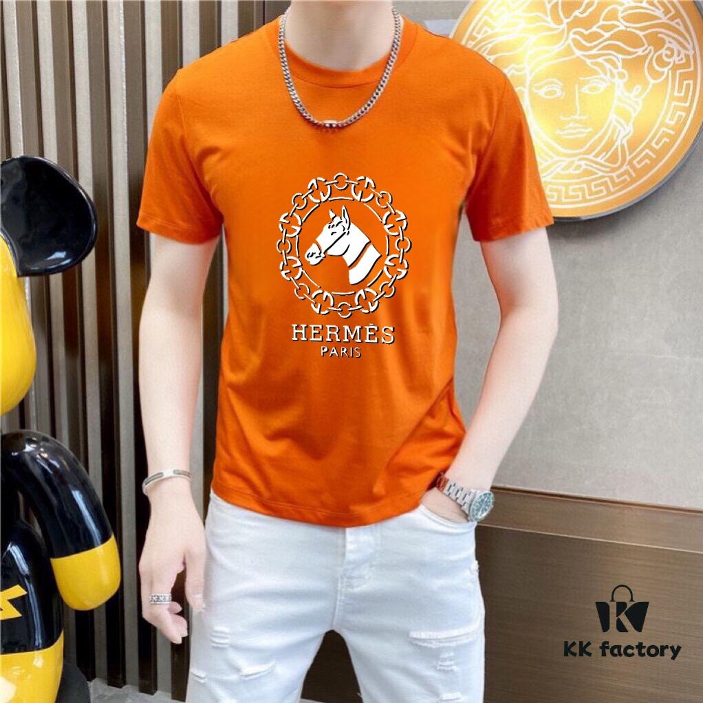 HERMES Men's Casual Short-Sleeve T-Shirt, 2025 Spring/Summer New Arrival, Premium Logo Embroidery, High-End Imported Silk-Cotton Fabric, Stylish and Versatile Design