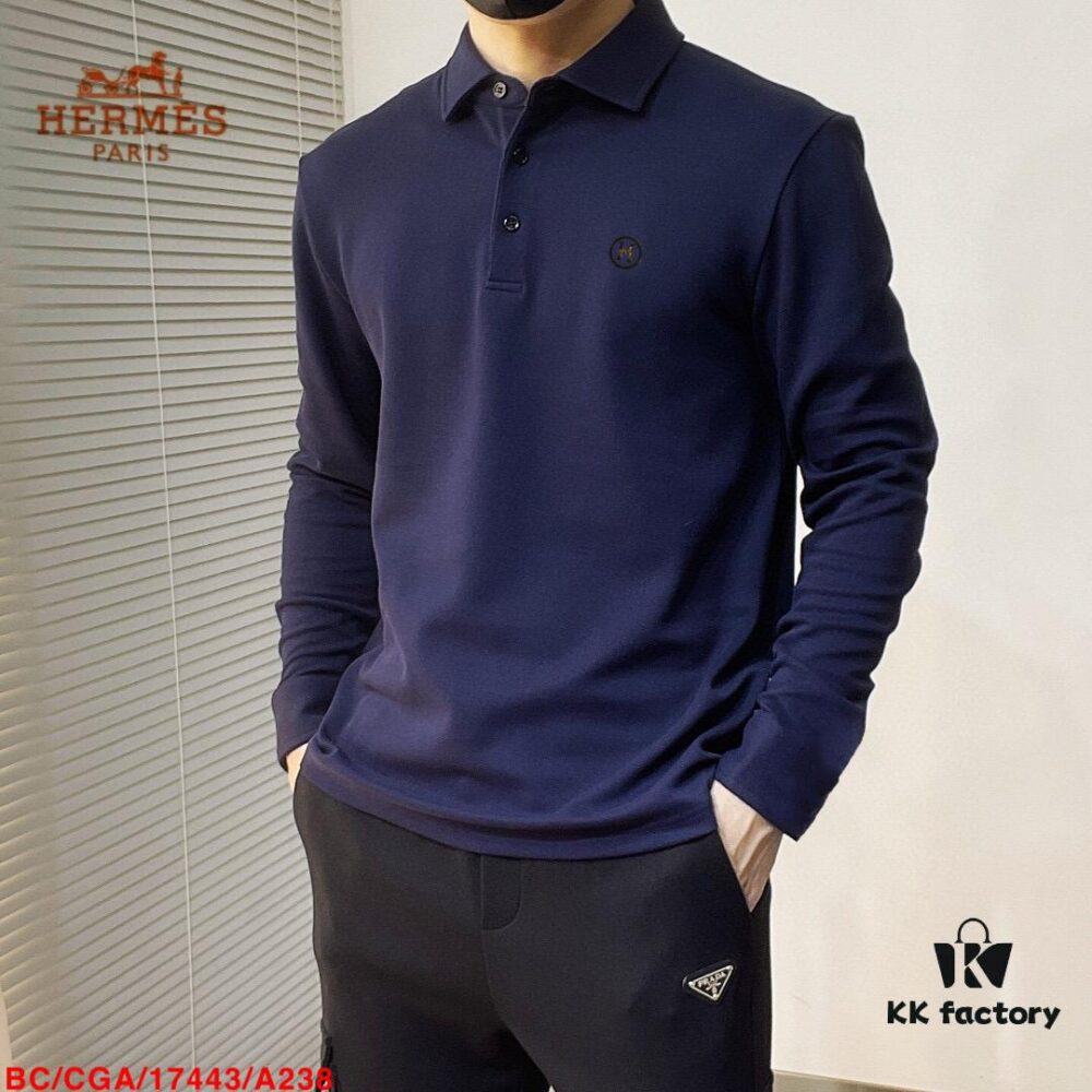 Hermès🔥 Latest Custom Notched Collar Long Sleeve T-Shirt Polo, 3D Tailoring, Slim Fit, High-Quality Imported Fabric, Factory Direct, Premium Craftsmanship