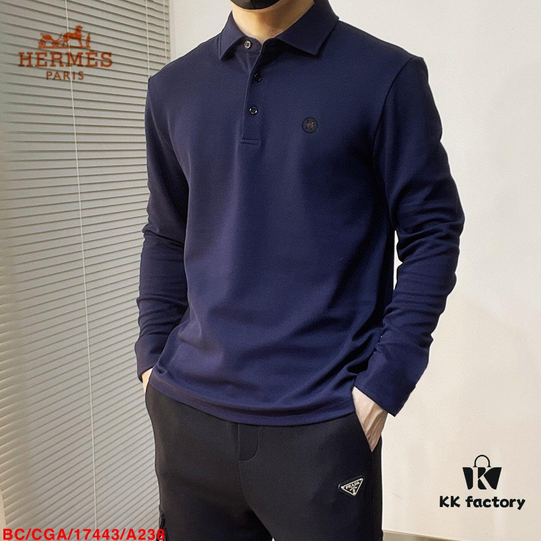 Hermès🔥 Latest Custom Notched Collar Long Sleeve T-Shirt Polo, 3D Tailoring, Slim Fit, High-Quality Imported Fabric, Factory Direct, Premium Craftsmanship