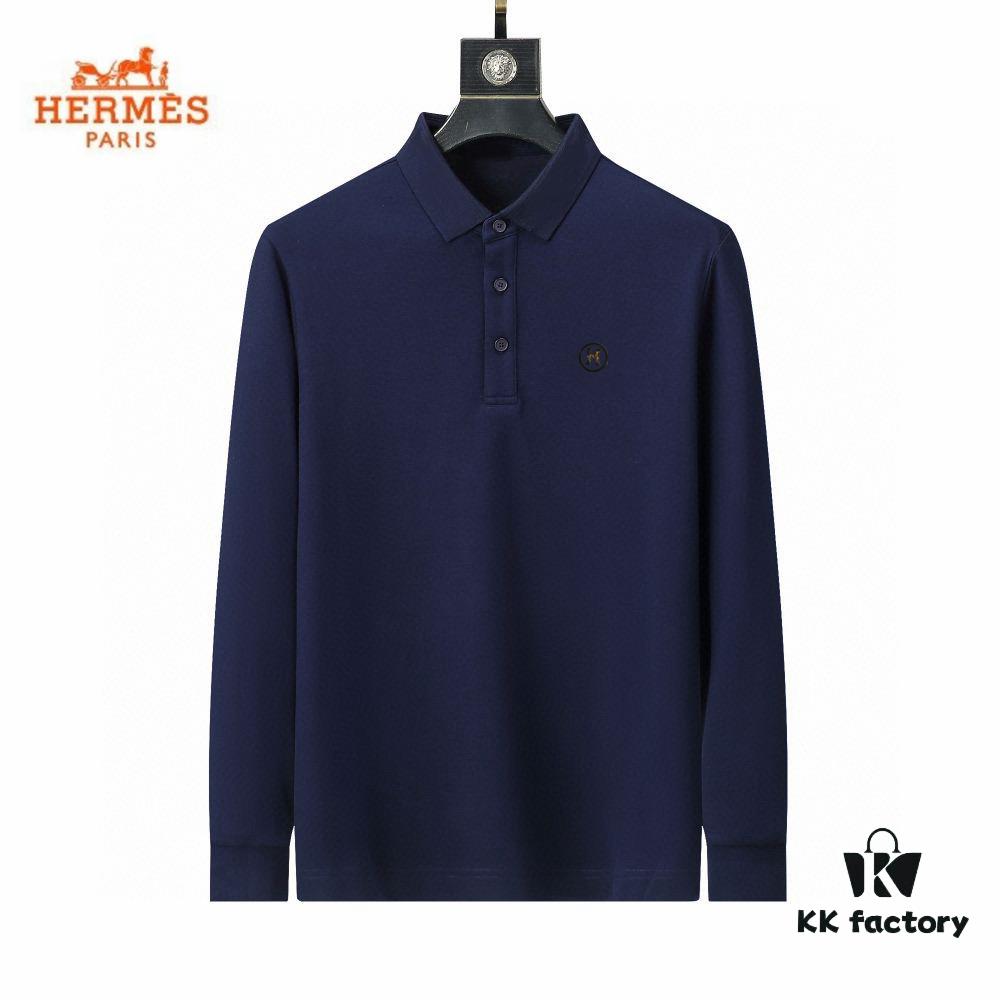 Hermès🔥 Latest Custom Notched Collar Long Sleeve T-Shirt Polo, 3D Tailoring, Slim Fit, High-Quality Imported Fabric, Factory Direct, Premium Craftsmanship