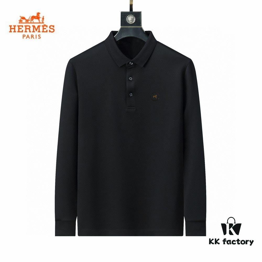 Hermès🔥 Latest Custom Notched Collar Long Sleeve T-Shirt Polo, 3D Tailoring, Slim Fit, High-Quality Imported Fabric, Factory Direct, Premium Craftsmanship