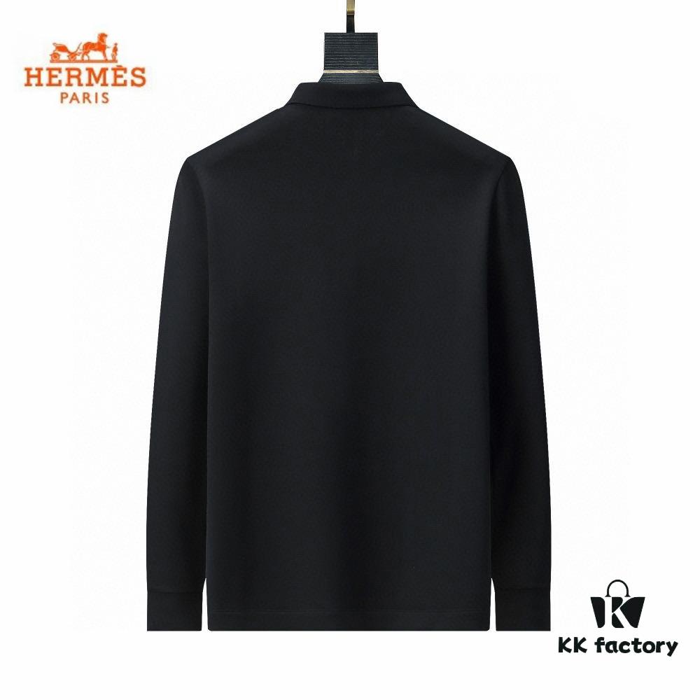 Hermès🔥 Latest Custom Notched Collar Long Sleeve T-Shirt Polo, 3D Tailoring, Slim Fit, High-Quality Imported Fabric, Factory Direct, Premium Craftsmanship