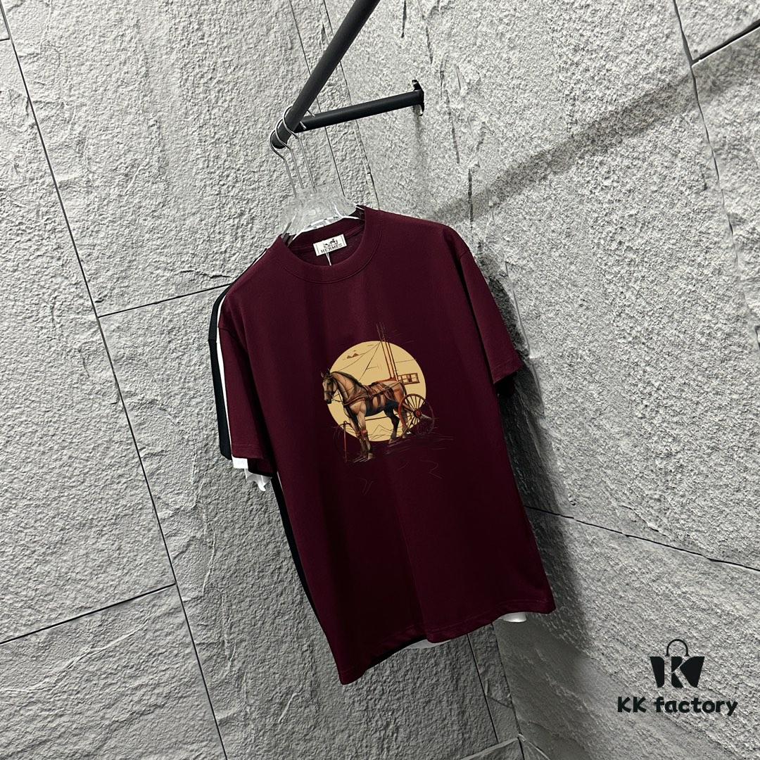 Hermes 2025 Spring/Summer New Arrival Moon Horse Print Custom Double Gauze Plain Cotton Short Sleeve T-Shirt Unisex