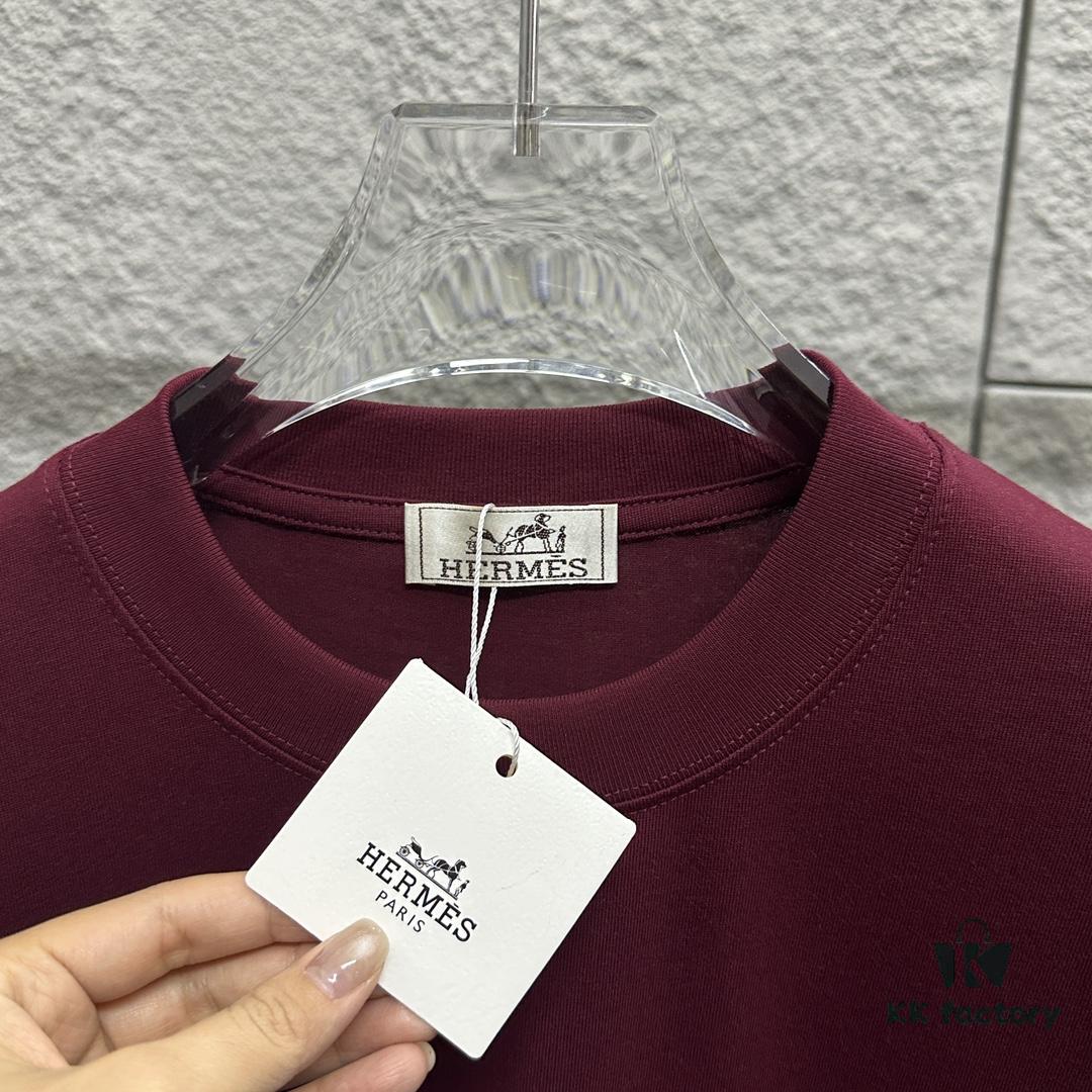 Hermes 2025 Spring/Summer New Arrival Moon Horse Print Custom Double Gauze Plain Cotton Short Sleeve T-Shirt Unisex