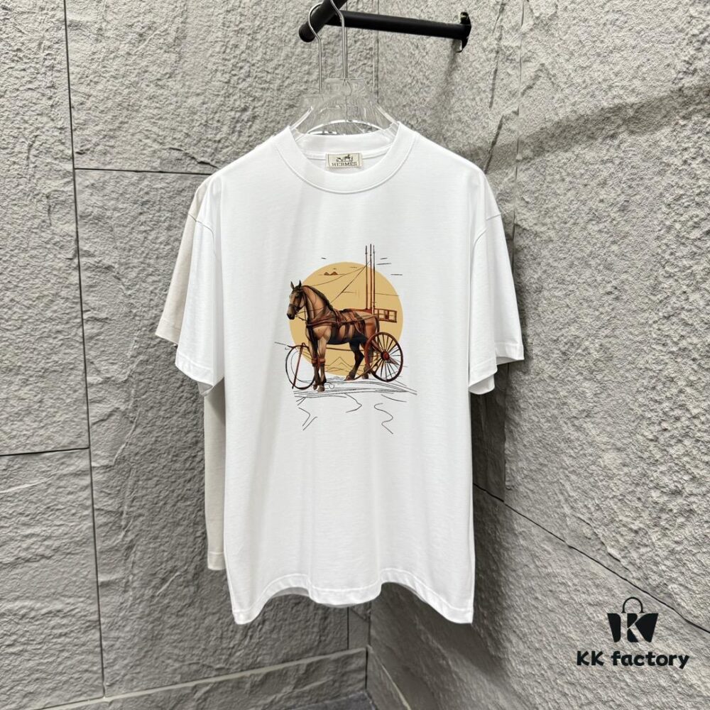 Hermes 2025 Spring/Summer New Arrival Moon Horse Print Custom Double Gauze Plain Cotton Short Sleeve T-Shirt Unisex