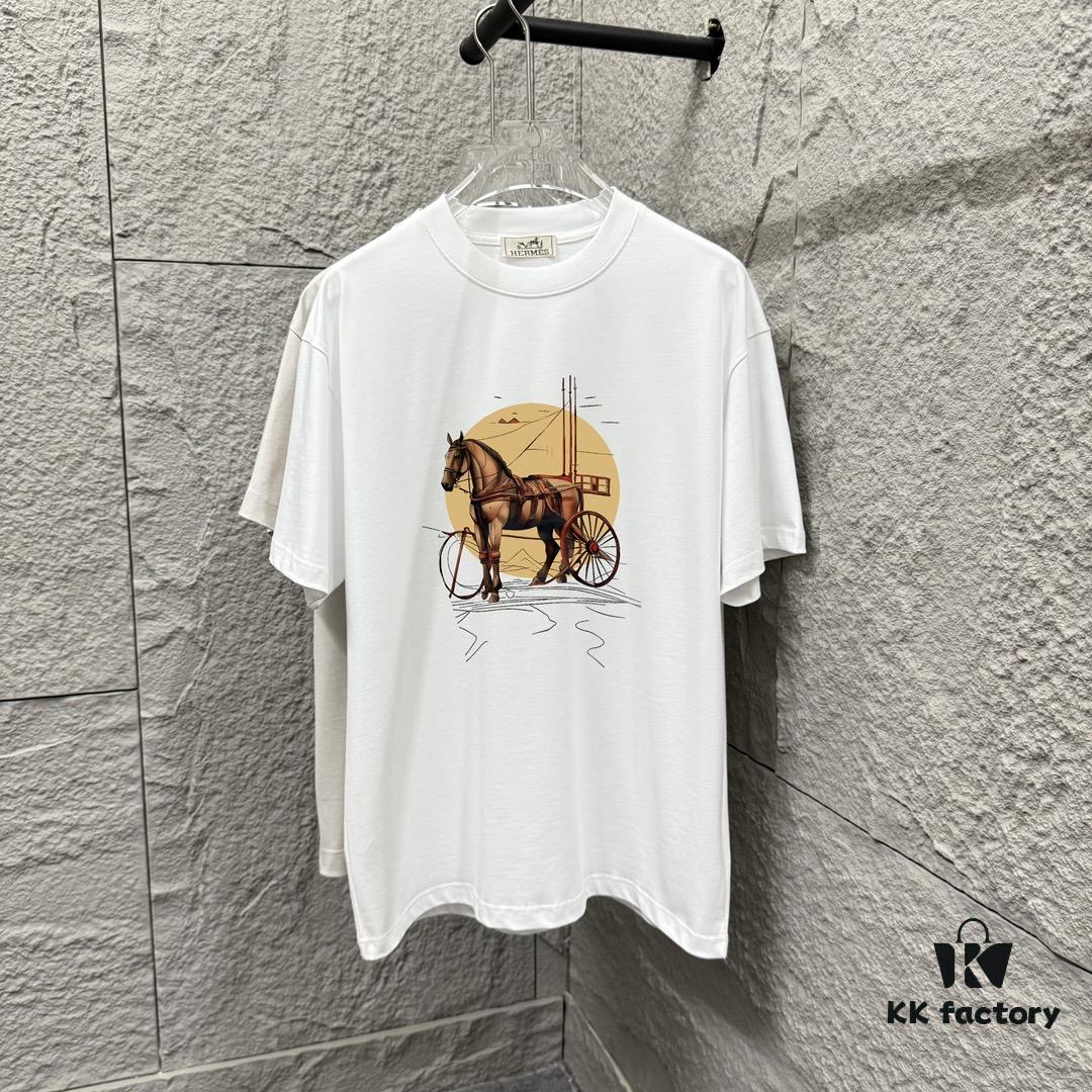 Hermes 2025 Spring/Summer New Arrival Moon Horse Print Custom Double Gauze Plain Cotton Short Sleeve T-Shirt Unisex