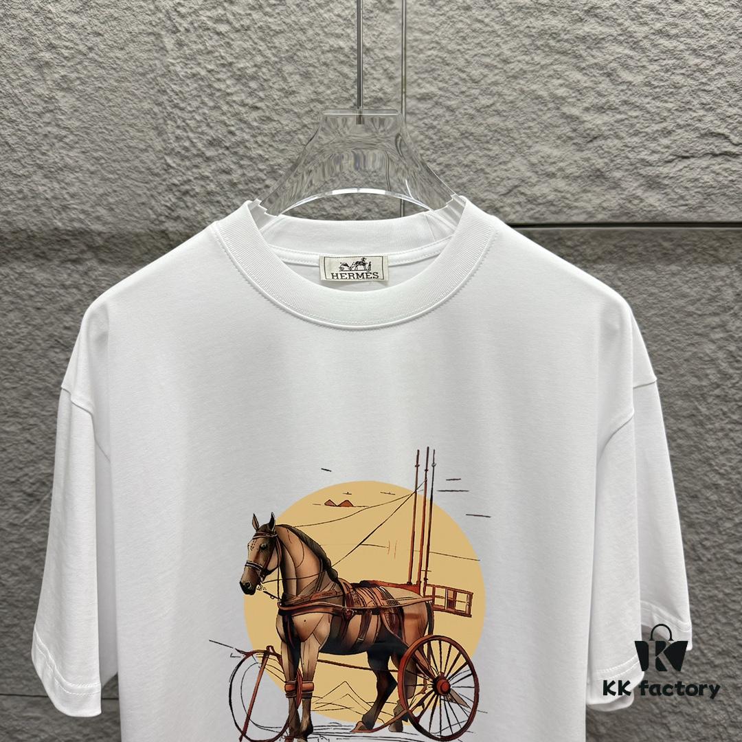 Hermes 2025 Spring/Summer New Arrival Moon Horse Print Custom Double Gauze Plain Cotton Short Sleeve T-Shirt Unisex