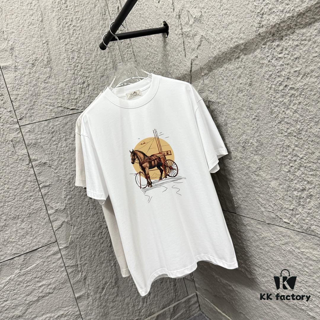Hermes 2025 Spring/Summer New Arrival Moon Horse Print Custom Double Gauze Plain Cotton Short Sleeve T-Shirt Unisex