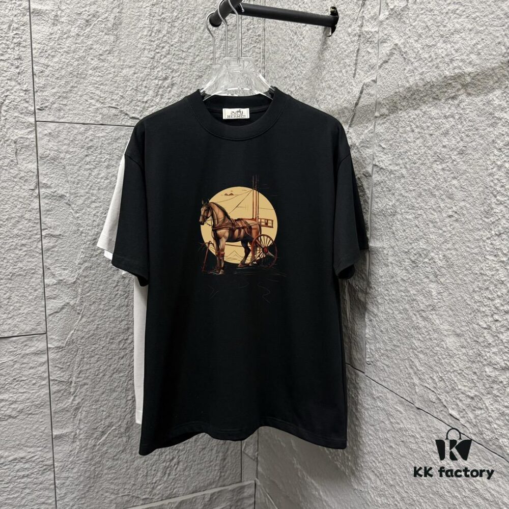 Hermes 2025 Spring/Summer New Arrival Moon Horse Print Custom Double Gauze Plain Cotton Short Sleeve T-Shirt Unisex