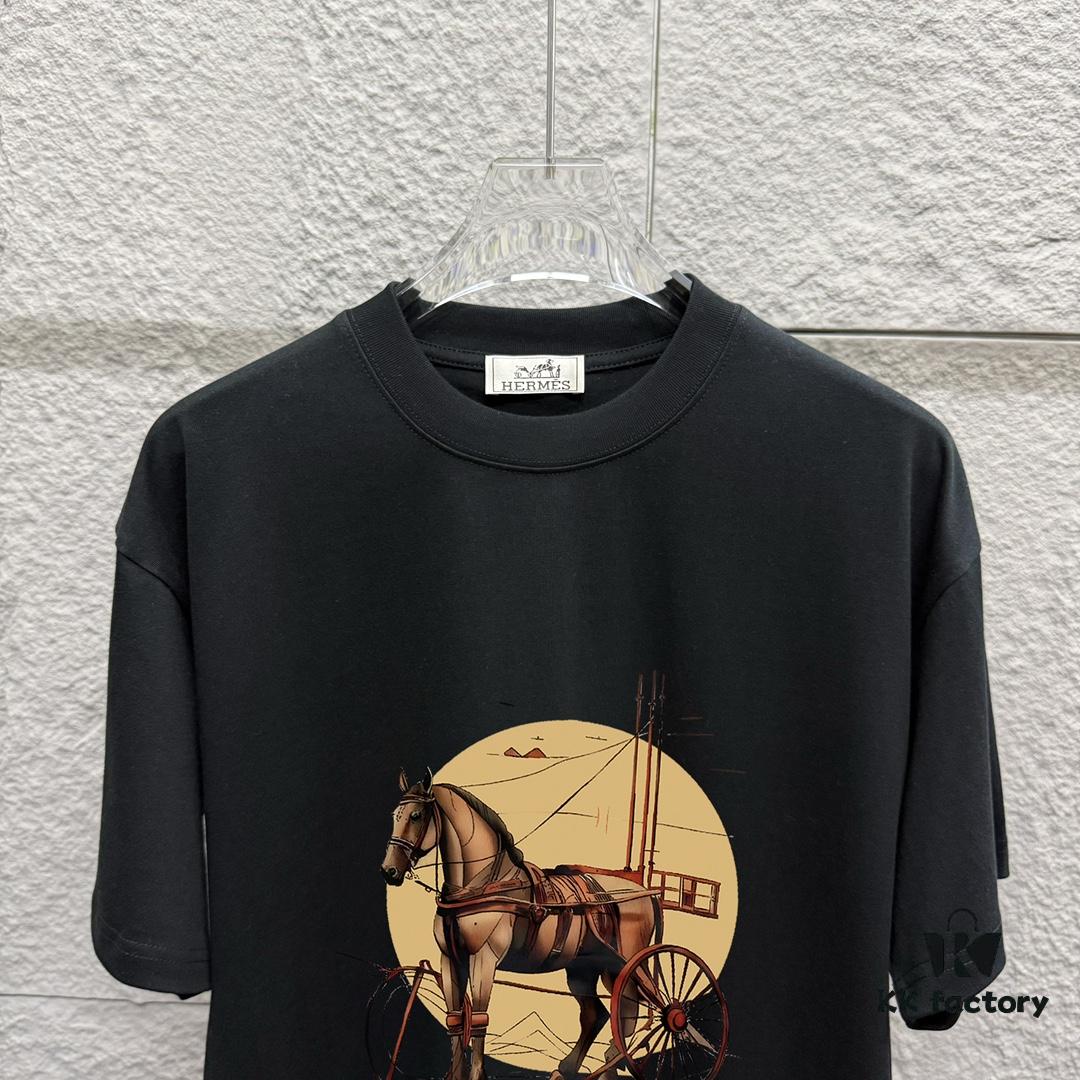 Hermes 2025 Spring/Summer New Arrival Moon Horse Print Custom Double Gauze Plain Cotton Short Sleeve T-Shirt Unisex