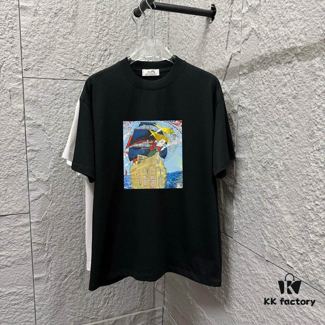 Hermès 2025 Spring/Summer New Arrival Sky Sea Freedom Boat Print Custom Double Gauze Plain Cotton Short Sleeve T-Shirt Unisex