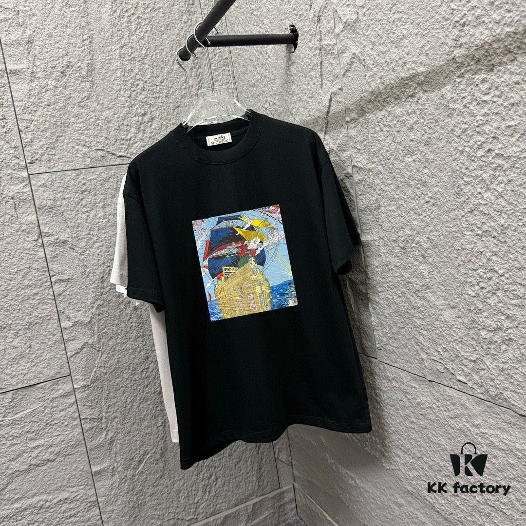 Hermès 2025 Spring/Summer New Arrival Sky Sea Freedom Boat Print Custom Double Gauze Plain Cotton Short Sleeve T-Shirt Unisex