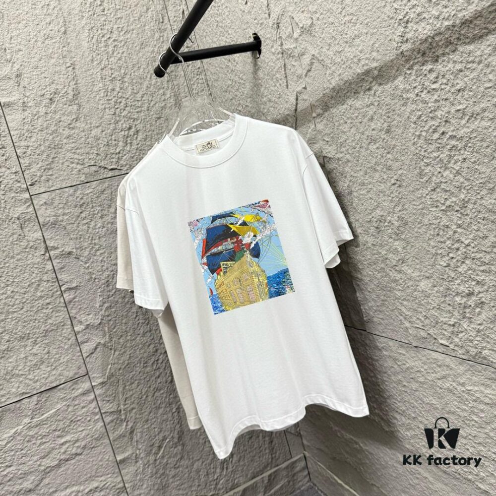 Hermes 2025 Spring/Summer New Arrival Sky Sea Freedom Boat Print Custom Double Gauze Plain Cotton Short Sleeve T-Shirt Unisex