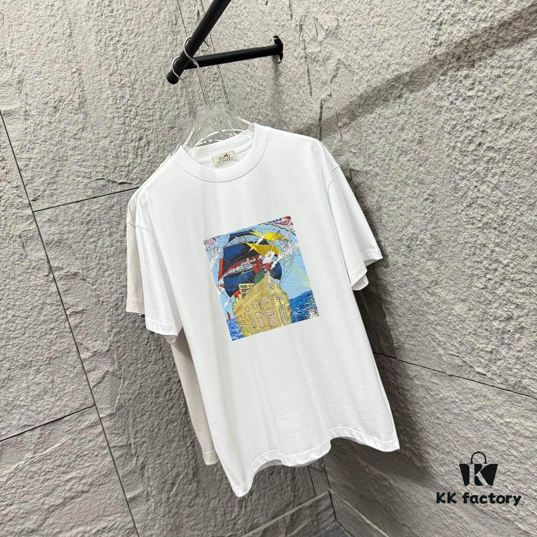 Hermes 2025 Spring/Summer New Arrival Sky Sea Freedom Boat Print Custom Double Gauze Plain Cotton Short Sleeve T-Shirt Unisex