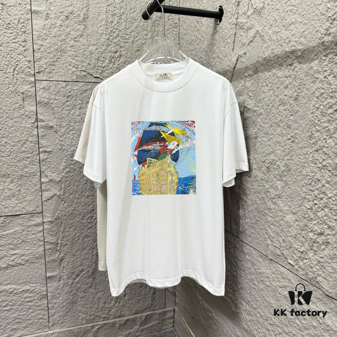 Hermes 2025 Spring/Summer New Arrival Sky Sea Freedom Boat Print Custom Double Gauze Plain Cotton Short Sleeve T-Shirt Unisex