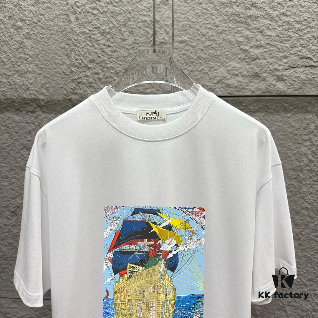 Hermes 2025 Spring/Summer New Arrival Sky Sea Freedom Boat Print Custom Double Gauze Plain Cotton Short Sleeve T-Shirt Unisex