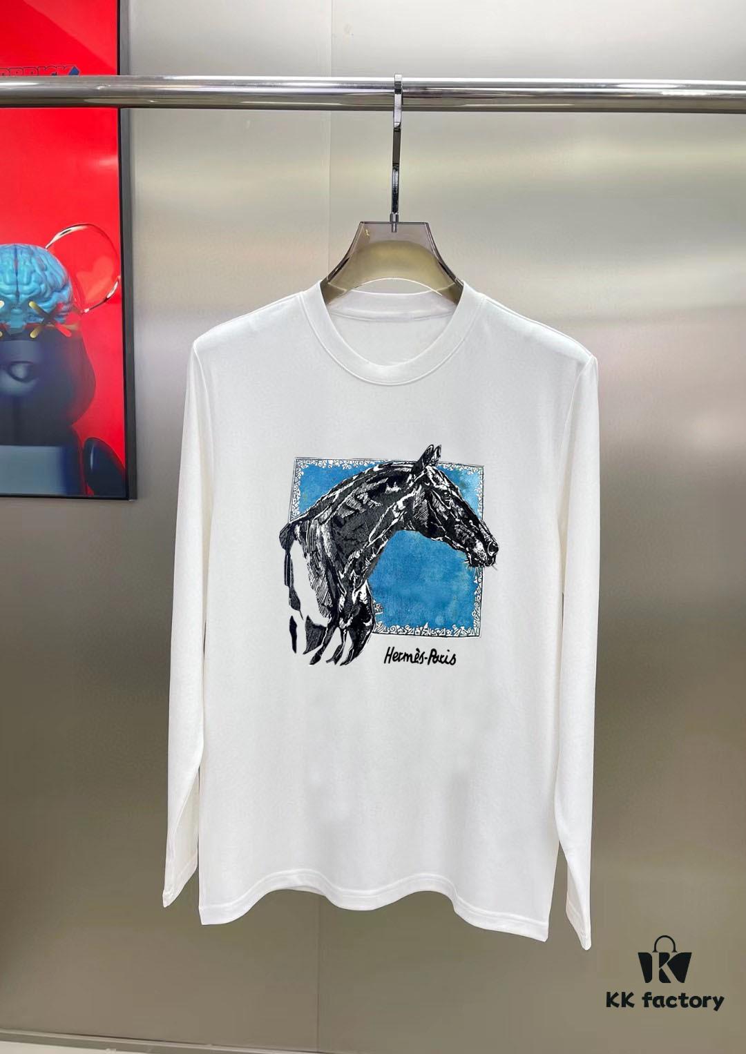 Hermes 2024 Spring Collection Premium Original Design Fashion 230g Casual Long-Sleeve Base Layer T-Shirt