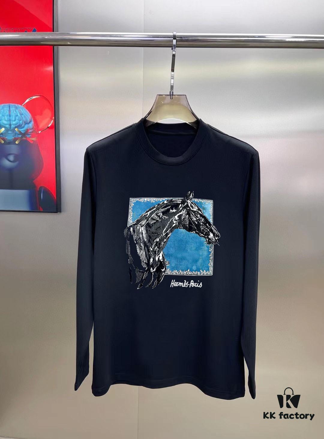 Hermes 2024 Spring Collection Premium Original Design Fashion 230g Casual Long-Sleeve Base Layer T-Shirt