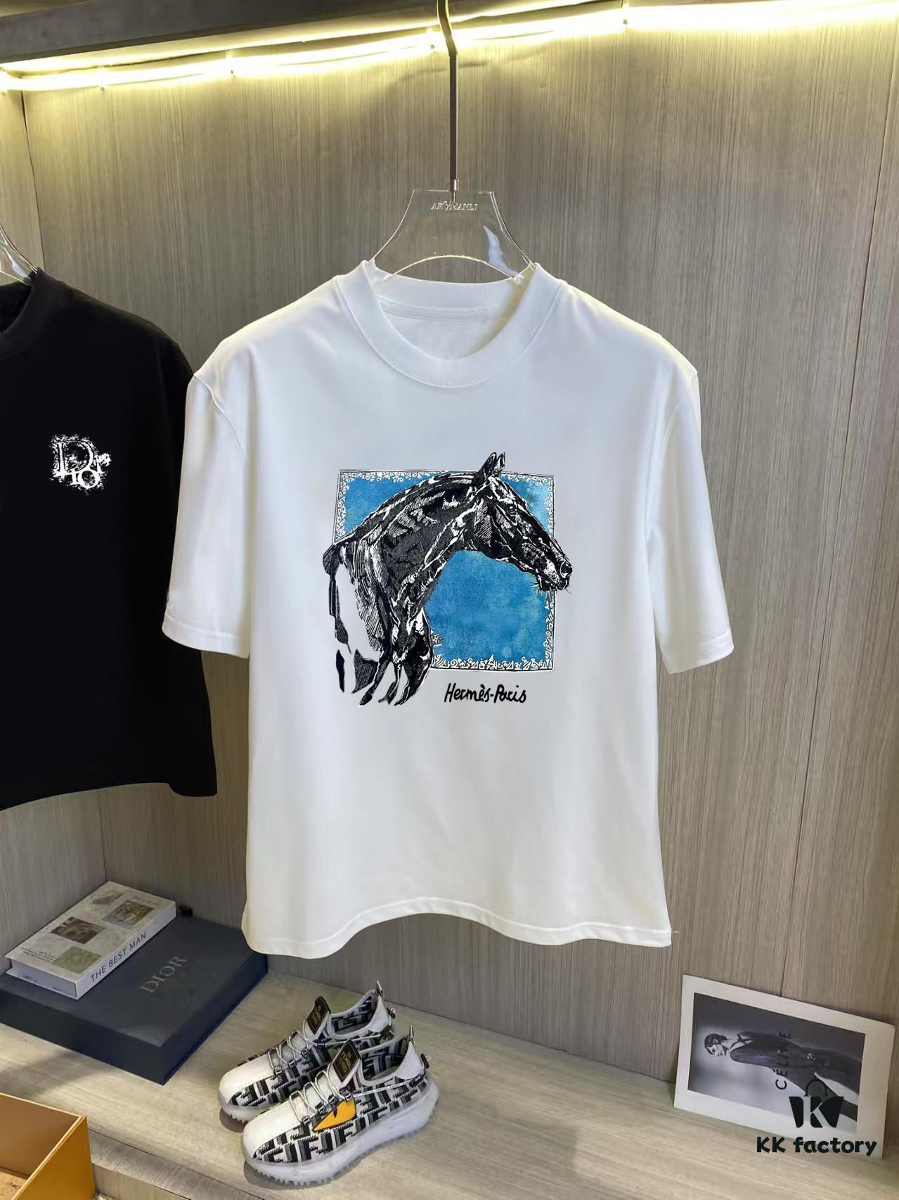 Hermès 2025SS Spring/Summer Latest Short-Sleeve T-Shirt – High-Quality Cotton Fabric, Embroidery and Digital Print, Unisex Loose Fit