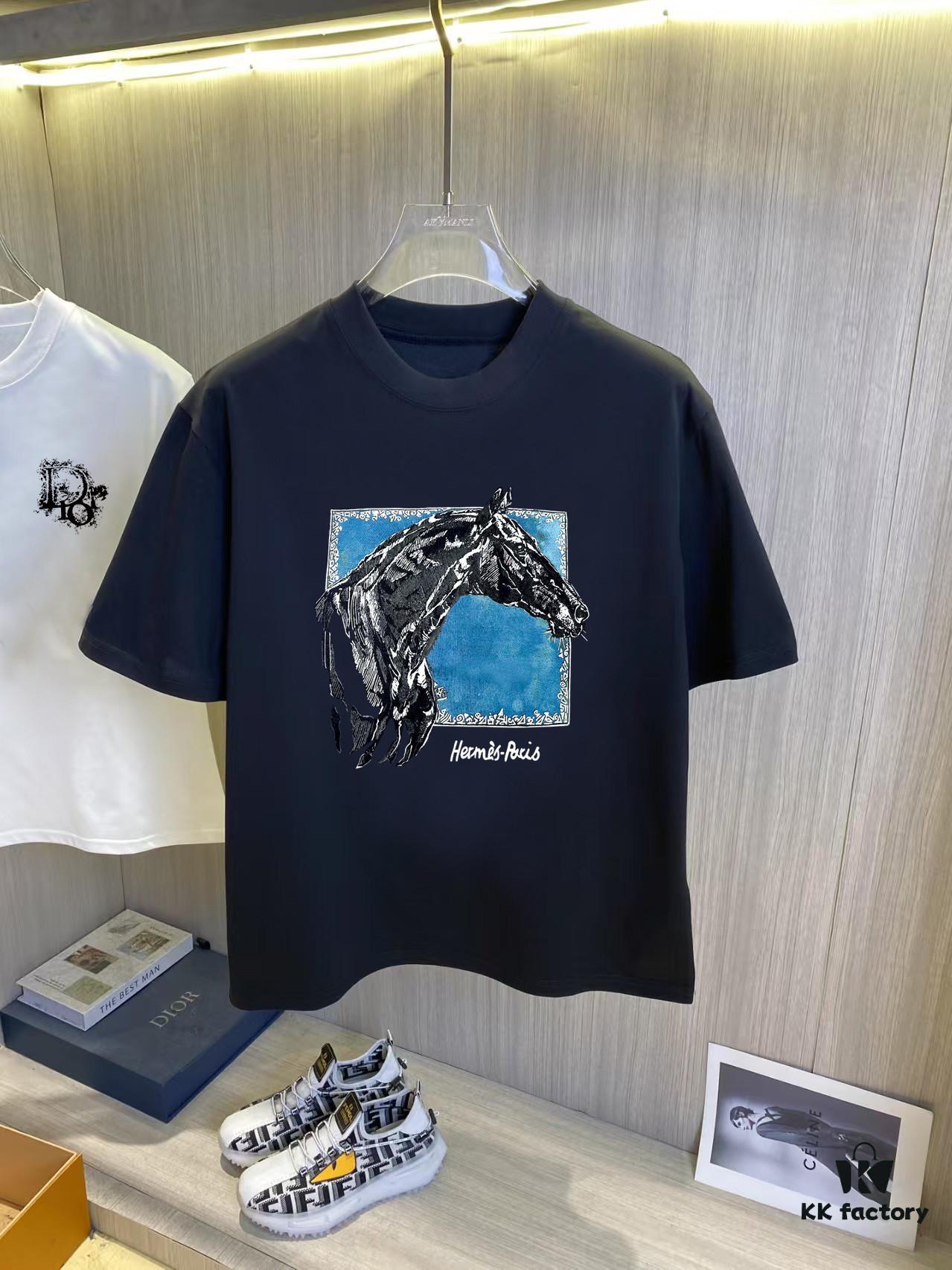 Hermès 2025SS Spring/Summer Latest Short-Sleeve T-Shirt – High-Quality Cotton Fabric, Embroidery and Digital Print, Unisex Loose Fit