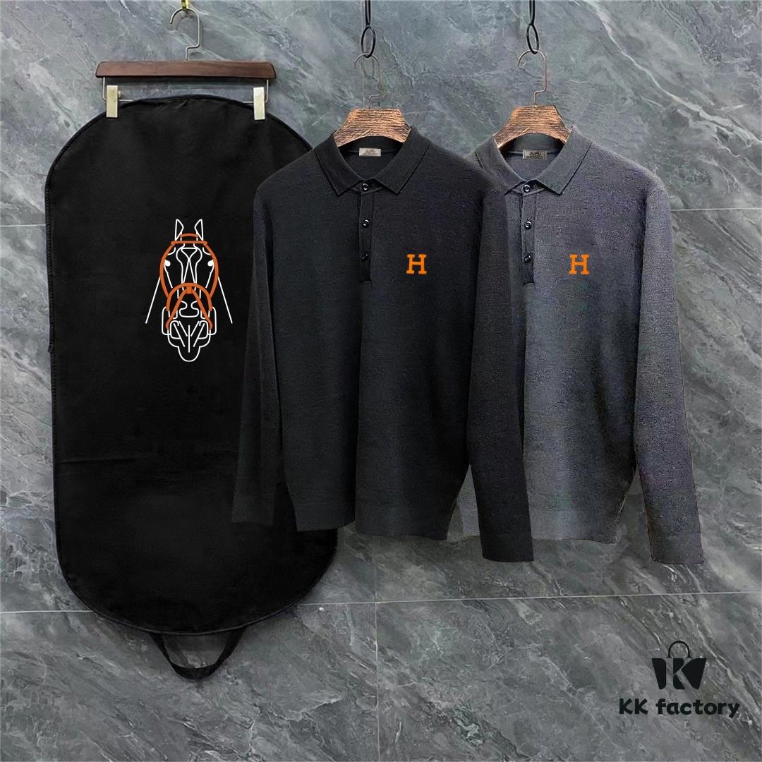 Hermes Summer New Men's Casual Polo Collar Wool Sweater