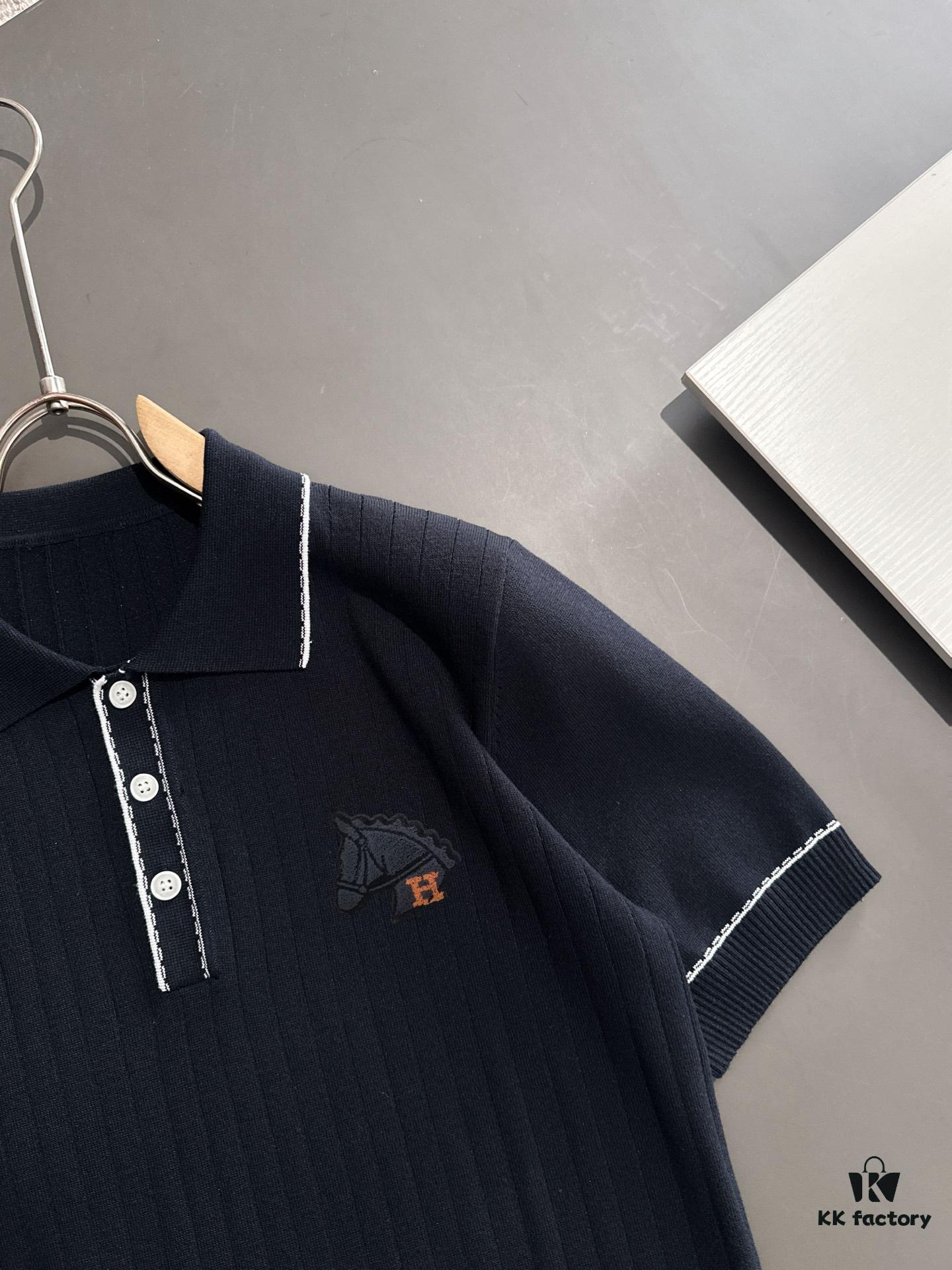 High-Quality Hermès 2025 Spring/Summer New Men's Notched Collar Short-Sleeve T-Shirt