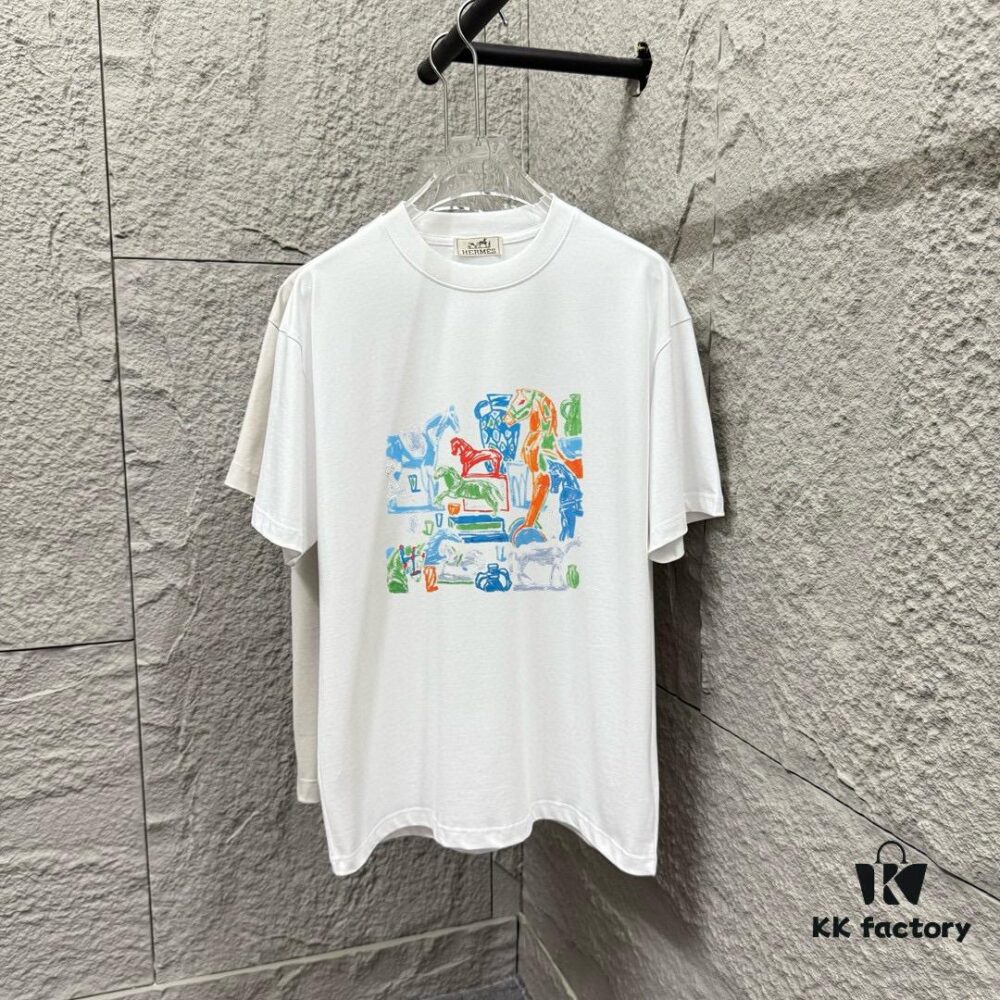 Hermes 2025 Spring/Summer New Arrival Building Block Horse Print Custom Double Gauze Plain Cotton Short Sleeve T-Shirt Unisex