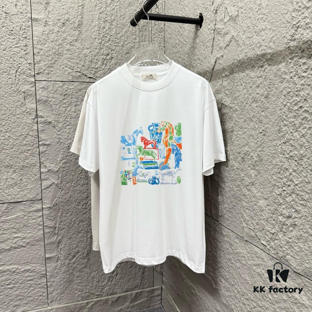 Hermes 2025 Spring/Summer New Arrival Building Block Horse Print Custom Double Gauze Plain Cotton Short Sleeve T-Shirt Unisex