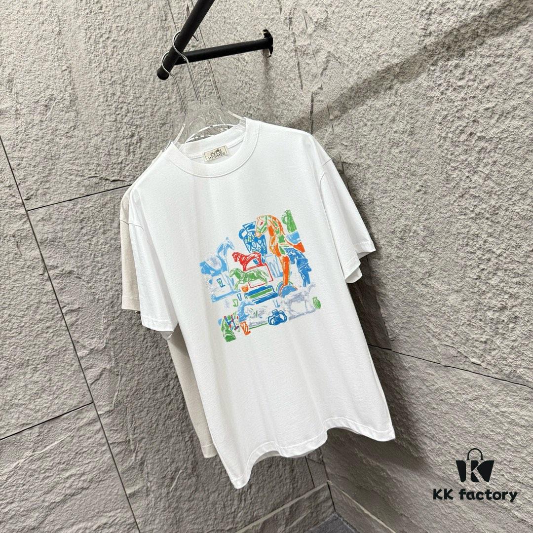 Hermes 2025 Spring/Summer New Arrival Building Block Horse Print Custom Double Gauze Plain Cotton Short Sleeve T-Shirt Unisex