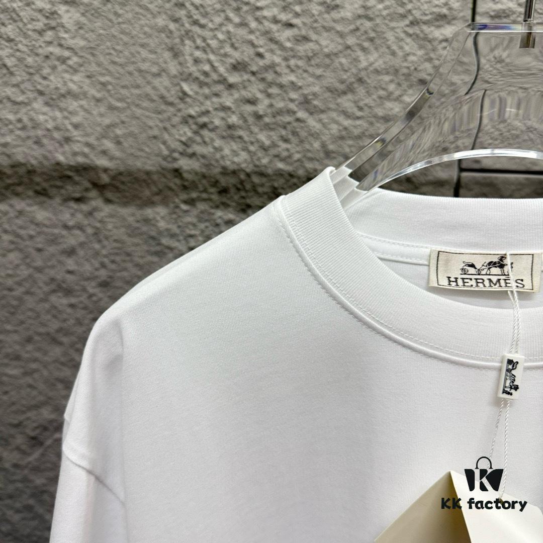 Hermes 2025 Spring/Summer New Arrival Building Block Horse Print Custom Double Gauze Plain Cotton Short Sleeve T-Shirt Unisex