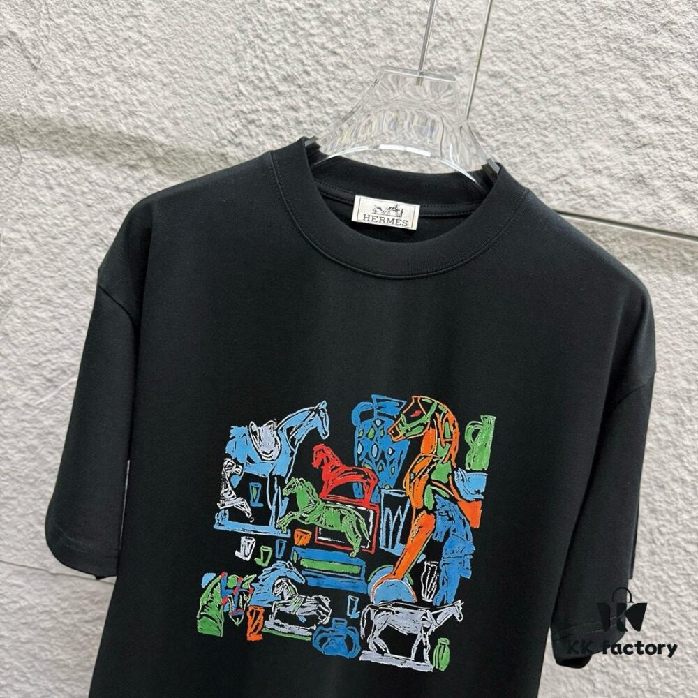 Hermes 2025 Spring/Summer New Arrival Building Block Horse Print Custom Double-Gauze Plain Cotton Short-Sleeve T-Shirt Unisex