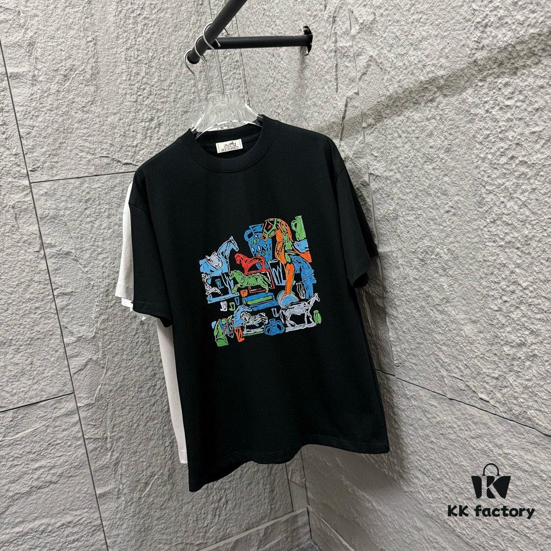 Hermes 2025 Spring/Summer New Arrival Building Block Horse Print Custom Double-Gauze Plain Cotton Short-Sleeve T-Shirt Unisex