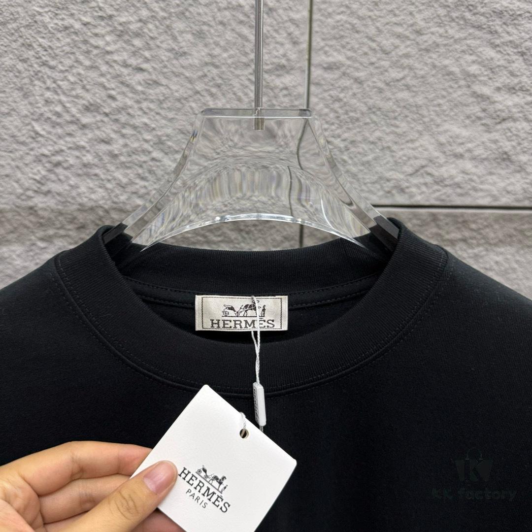 Hermes 2025 Spring/Summer New Arrival Building Block Horse Print Custom Double-Gauze Plain Cotton Short-Sleeve T-Shirt Unisex