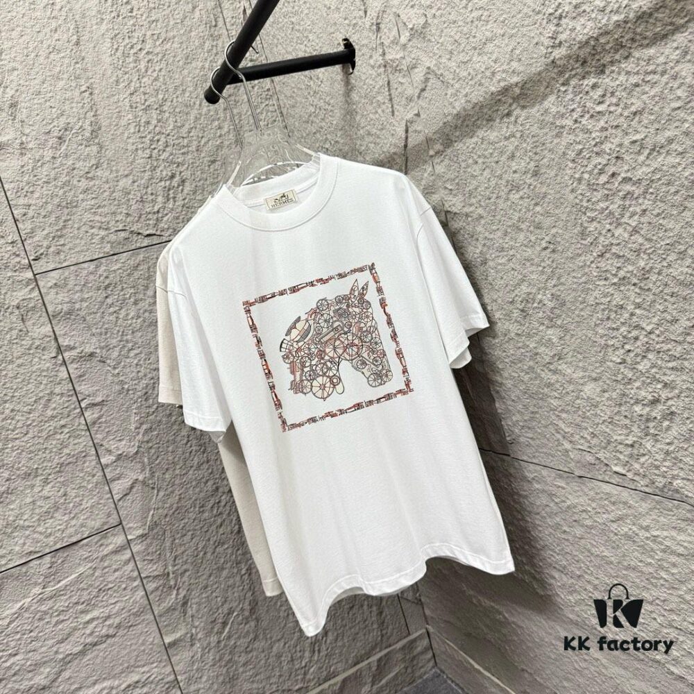 Hermes 2025 Spring/Summer New Arrival Mechanical Horse Print Custom Double Gauze Plain Cotton Short Sleeve T-Shirt Unisex