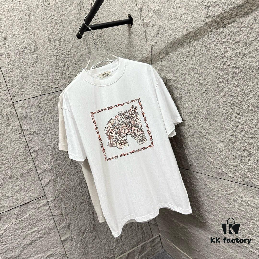 Hermes 2025 Spring/Summer New Arrival Mechanical Horse Print Custom Double Gauze Plain Cotton Short Sleeve T-Shirt Unisex