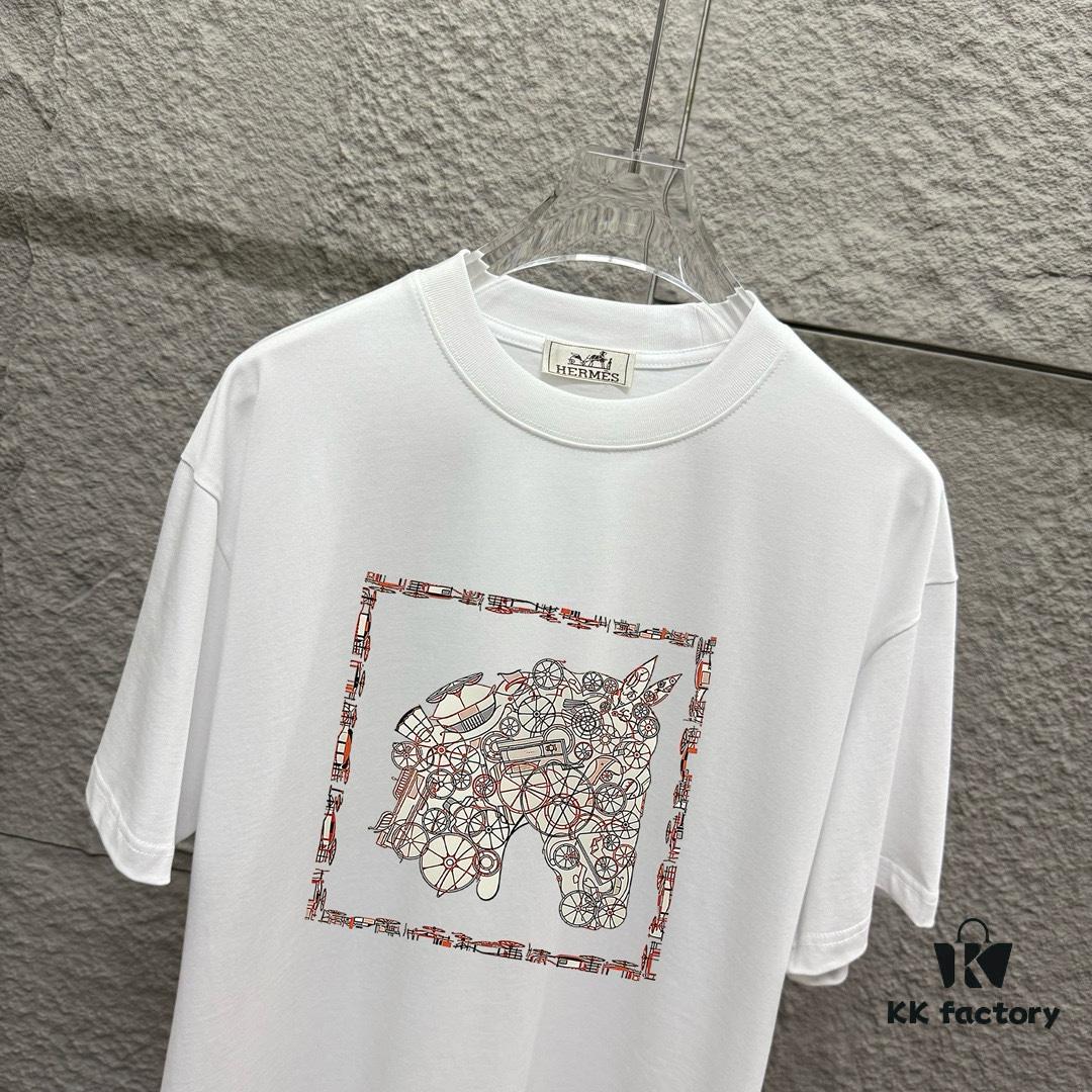 Hermes 2025 Spring/Summer New Arrival Mechanical Horse Print Custom Double Gauze Plain Cotton Short Sleeve T-Shirt Unisex