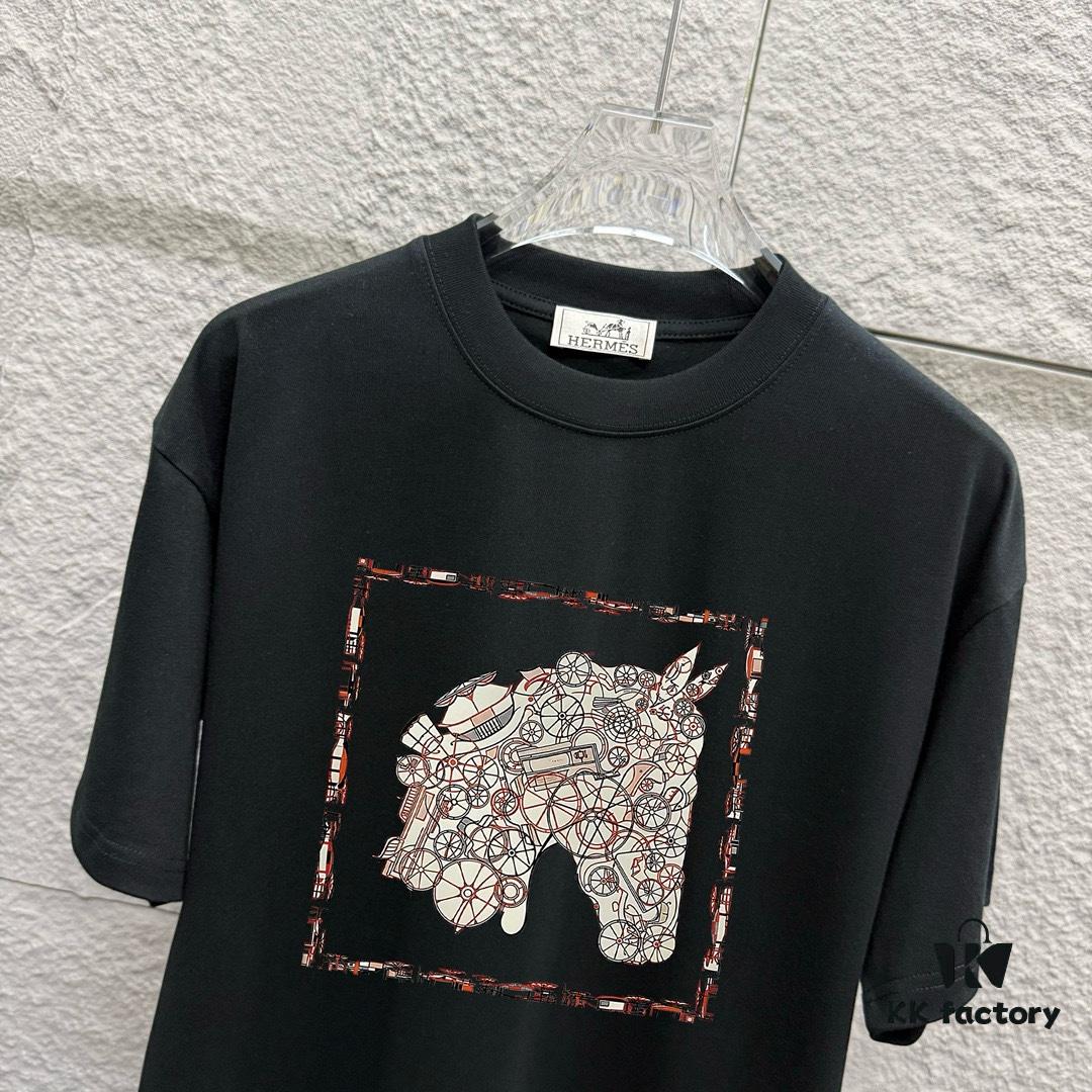 Hermes 2025 Spring/Summer New Arrival Mechanical Horse Print Custom Double Gauze Plain Cotton Short Sleeve T-Shirt Unisex