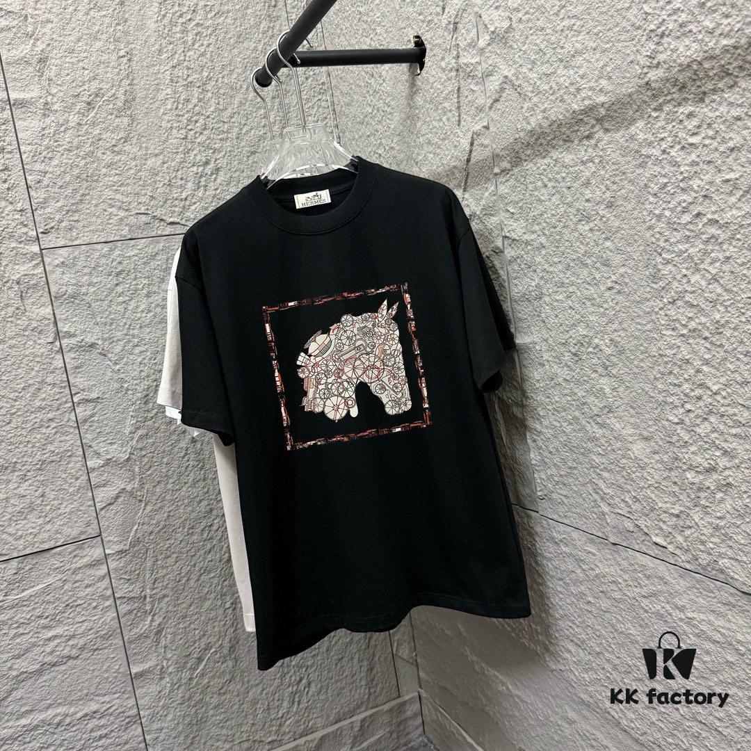 Hermes 2025 Spring/Summer New Arrival Mechanical Horse Print Custom Double Gauze Plain Cotton Short Sleeve T-Shirt Unisex