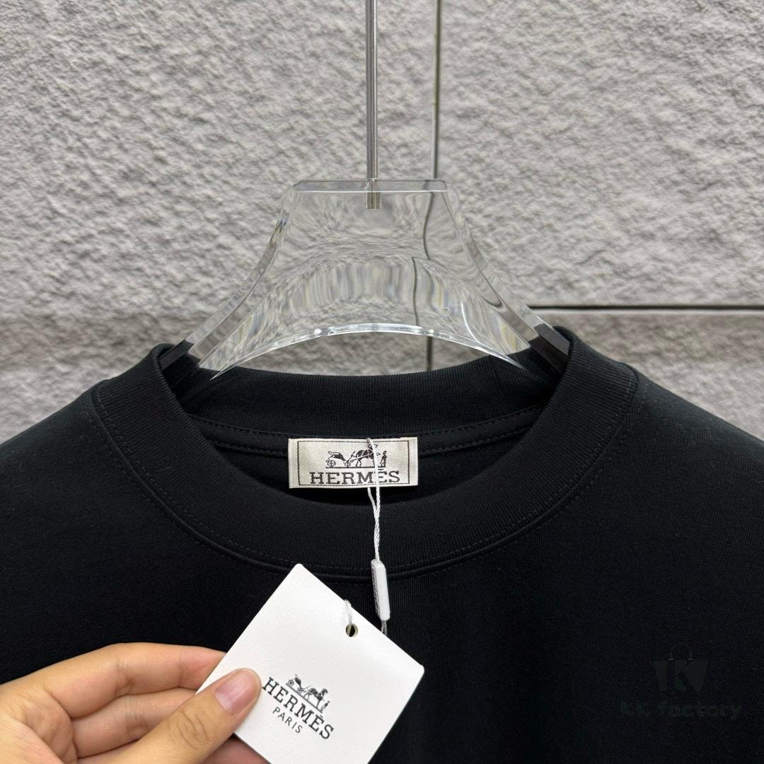 Hermes 2025 Spring/Summer New Arrival Mechanical Horse Print Custom Double Gauze Plain Cotton Short Sleeve T-Shirt Unisex