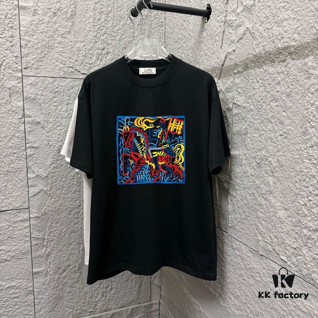 Hermes+ 2025 Spring/Summer New Arrival Classic Totem Abstract Line Horse Print Custom Double Gauze Plain Cotton Short Sleeve T-Shirt Unisex