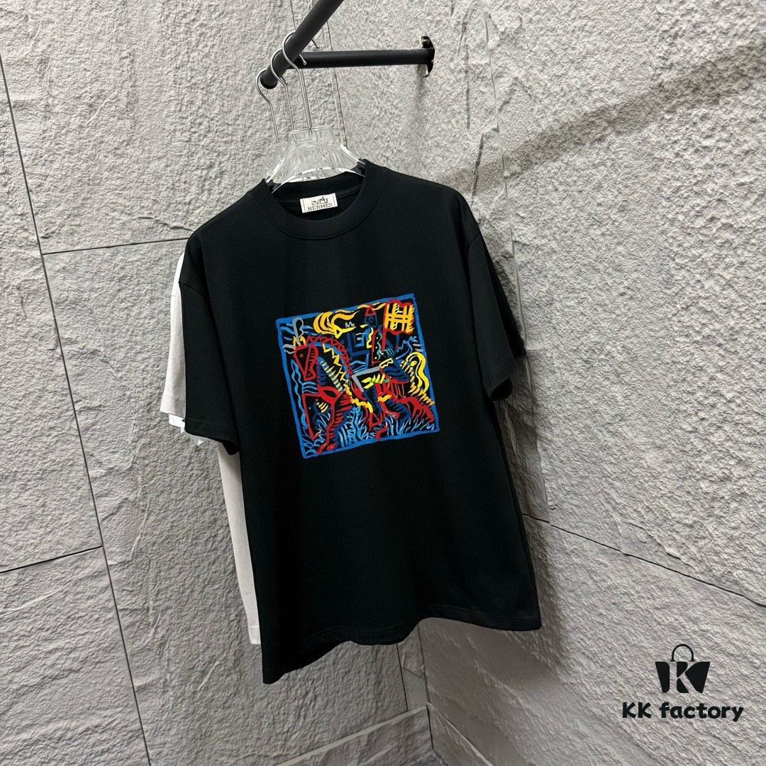 Hermes+ 2025 Spring/Summer New Arrival Classic Totem Abstract Line Horse Print Custom Double Gauze Plain Cotton Short Sleeve T-Shirt Unisex