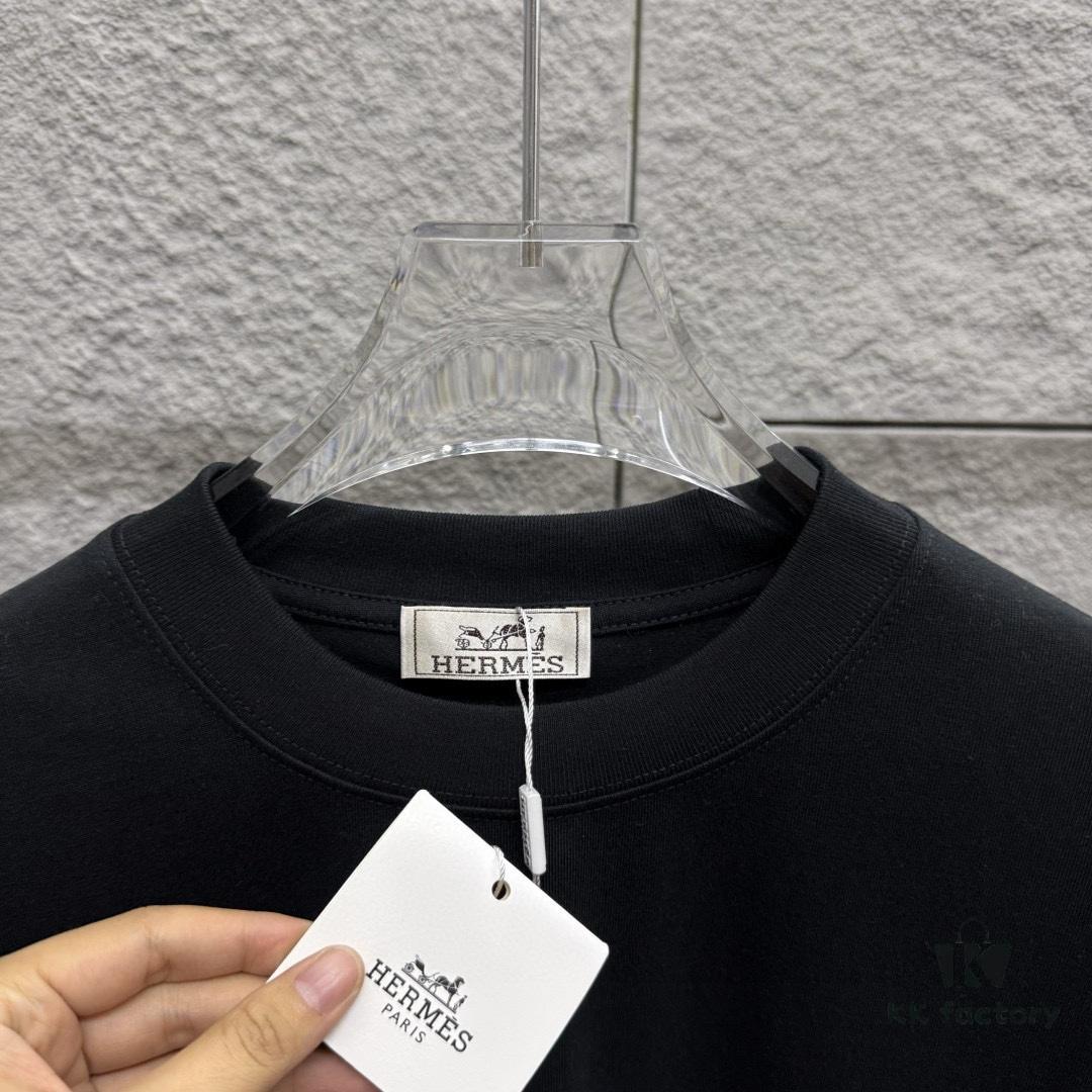 Hermes+ 2025 Spring/Summer New Arrival Classic Totem Abstract Line Horse Print Custom Double Gauze Plain Cotton Short Sleeve T-Shirt Unisex