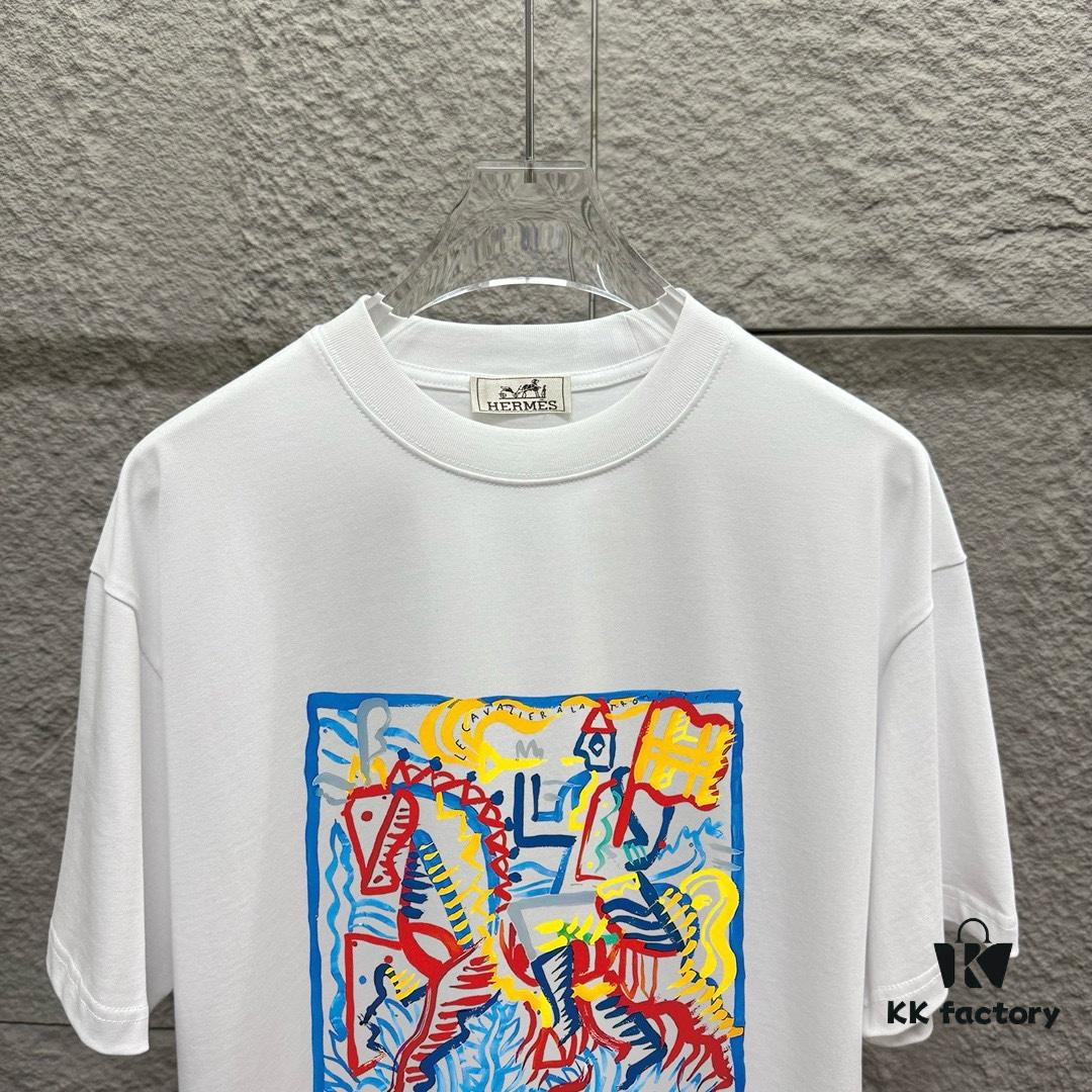 Hermes+ 2025 Spring/Summer New Arrival Classic Totem Abstract Line Horse Print Custom Double Gauze Plain Cotton Short Sleeve T-Shirt Unisex